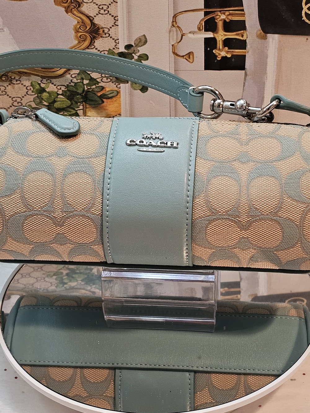 Coach Nolita  Sea Foam/Teal & Beige Signature Jacquard Leather Trim Barrel Bag